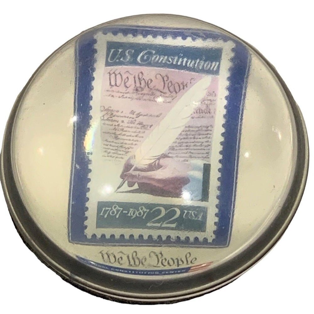 Vintage Paperweight Clear Art Glass Half Sphere US Constitution 22 Cent Stamp‌‌‌